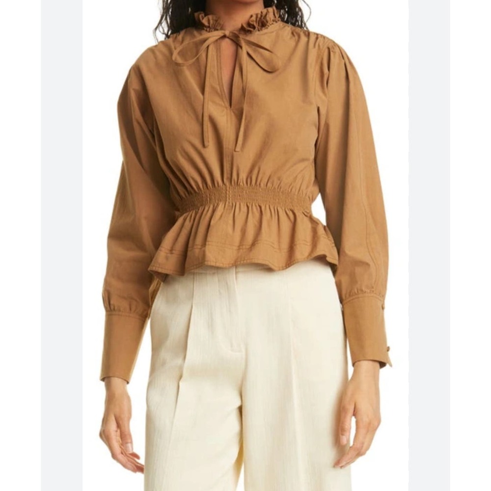 Rebecca Taylor Cotton Poplin Popover‎ Blouse In Chocolate Size Medium